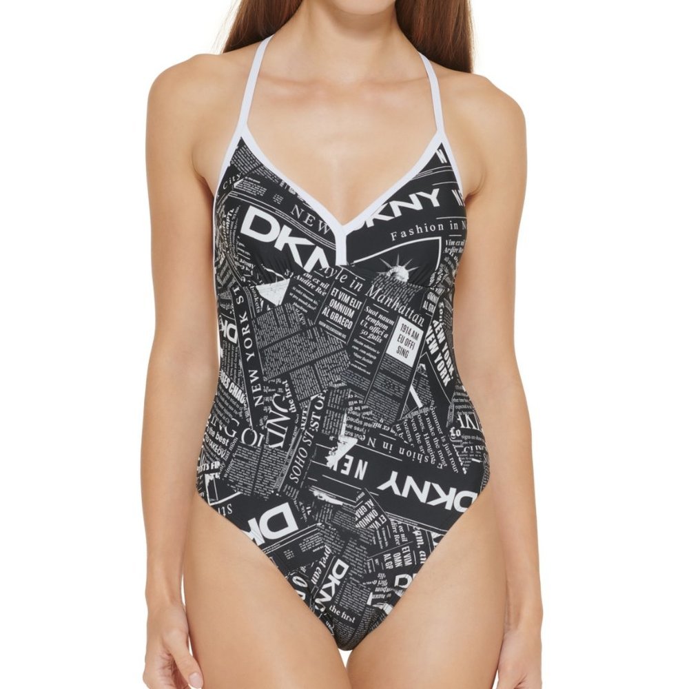 DKNY Graphic T-Back One-Piece Swimsuit Newsprint